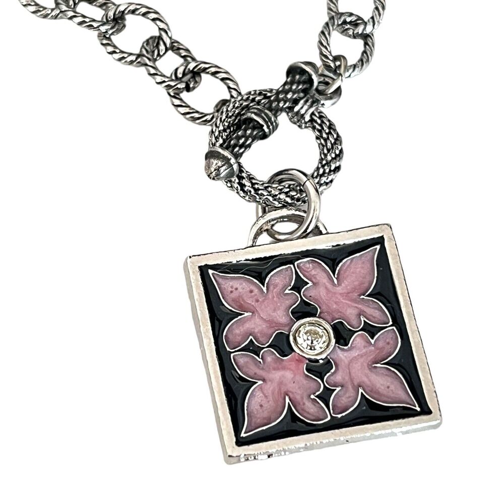 New Fleur De Lis Necklace Enamel Crystal Silver Tone Signed PRAY - 2Q